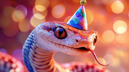 A smiling snake wearing a party hat, ready for Chinese New Year festivities, radiating happiness and cheerの素材