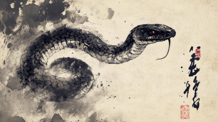 A snake elegantly painted with a black brush in traditional Chinese style, symbolizing the 2025 Chinese New Year, with intricate brush strokesの素材