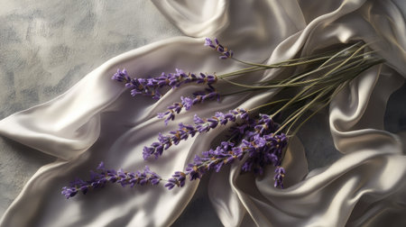 An elegant arrangement of lavender and silk fabric on a textured gray surface, highlighting the softness and serenity of the sceneの素材