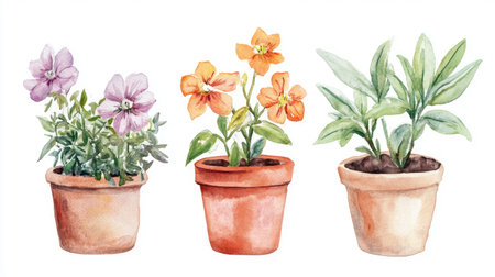 Watercolor illustrations of houseplant pots with blossoming flowers, showcasing the beauty of spring and summer gardening.の素材