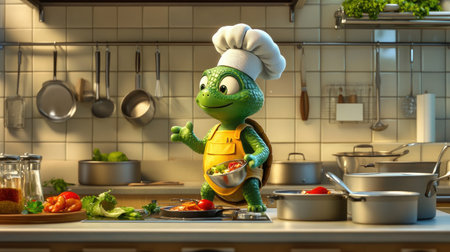 A cartoon turtle with a chef's hat and apron, cooking up a storm in the kitchen, surrounded by pots, pans, and delicious dishes.の素材