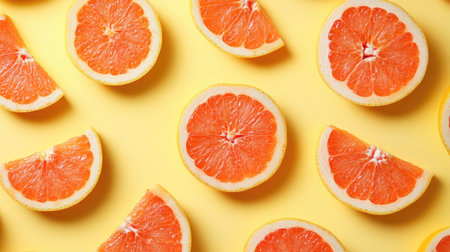 Grapefruit slice pattern on a soft yellow pastel background, creating a lively visual.の素材