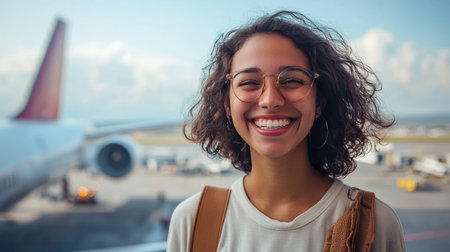 A cheerful woman smiling broadly in front of a passenger plane at the airport, capturing the excitement of travel and new adventures.の素材