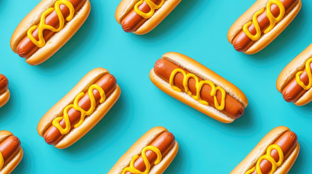 A visually appealing pattern featuring hot dogs garnished with mustard, set against a vibrant background for a fun food design.の素材