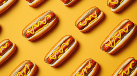 A stylish pattern of mustard-covered hot dogs on a contrasting background, showcasing a playful take on classic food items.の素材