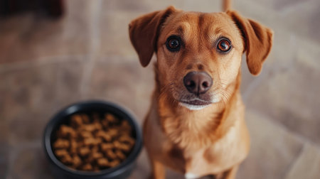 Adorable dog sitting beside its bowl of food, gazing up at the camera with a charming look, perfect for pet food promotionsの素材