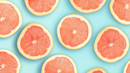 A fresh pattern of grapefruit slices on a pastel blue background, perfect for summer themes.の素材