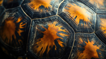 A close-up of a turtle's shell, highlighting the intricate patterns and textures that provide protection and identity.の素材