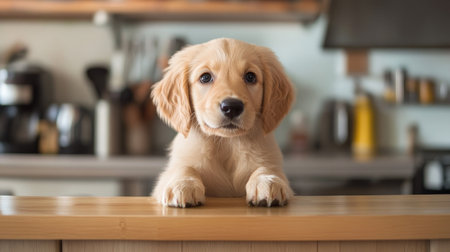 A charming puppy caught stealing snacks from the kitchen counter, showcasing its innocent but mischievous side.の素材