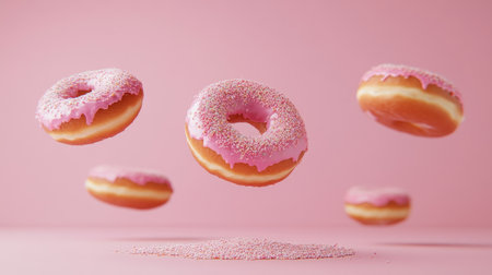 Donuts in motion, captured mid-air on a pastel background, perfect for a modern and creative food advertisement.の素材