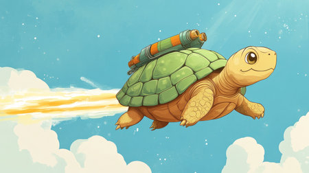 A cartoon tortoise with a jetpack, zooming through the sky with a look of determination, embracing a fun and imaginative adventure.の素材