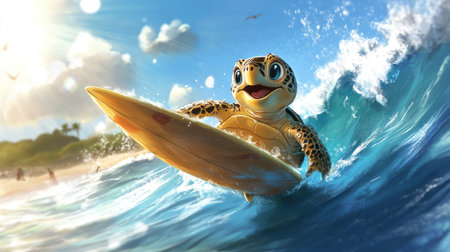 A cartoon turtle with a surfboard, riding a wave with a big smile, enjoying a day at the beach and embracing the surf culture.の素材