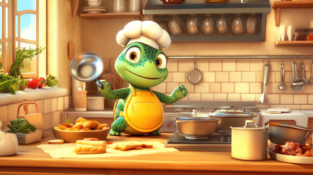 A cartoon turtle with a chef's hat and apron, cooking up a storm in the kitchen, surrounded by pots, pans, and delicious dishes.の素材