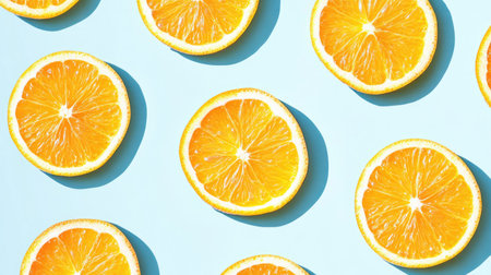 Orange slice pattern on a soft blue pastel background, creating a refreshing visual.の素材