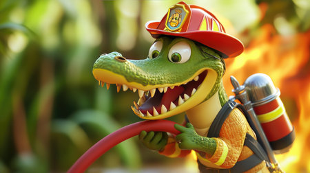A cartoon alligator with a firefighter's helmet and hose, helping to put out a fire and save the day in a playful and heroic scene.の素材