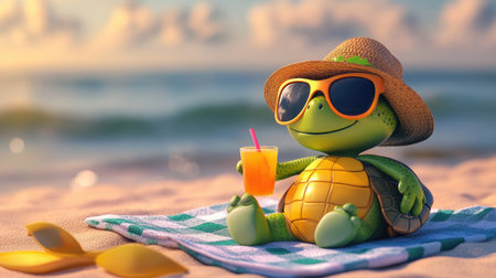 A cute cartoon turtle wearing sunglasses and a sun hat, lounging on a beach towel with a drink in hand, enjoying a sunny dayの素材