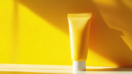 Bright sunny background with a skincare lotion tube front and center, highlighting its design and branding elements, ideal for a cosmetic packaging templateの素材