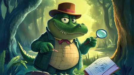 A cartoon alligator with a detective hat, magnifying glass, and a notepad, investigating a mystery in a whimsical swamp setting.の素材
