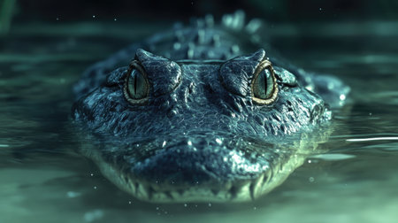 A crocodile submerged in water, with only its eyes and snout visible, showcasing the stealth and patience of reptilian hunters.の素材