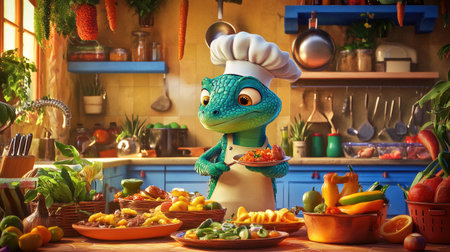 A cartoon lizard with a chef's hat and apron, cooking up a feast in a colorful kitchen, surrounded by delicious food and ingredientsの素材