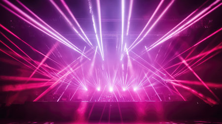 Concert stage bathed in vibrant laser lights and smoke effects, with powerful spotlights highlighting the dramatic atmosphere of a live showの素材