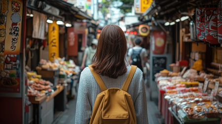 A woman strolls through a Japanese street food market, with a close-up focus on her amidst the vibrant backdrop of food stalls and stalls.の素材