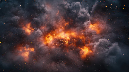 Explosion and dust clouds: Particles from a fiery explosion flying amidst dark smoke clouds, illustrating the intensity and chaos of a violent blast, with space for text.の素材