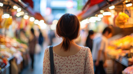 Foreground close-up of a woman walking in a Japanese street food market, with a blurred background of vibrant stalls and bustling activity.の素材