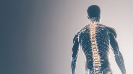 Back pain concept for men, with a highlighted spine and gray bones against a plain background, featuring space for text or information.の素材
