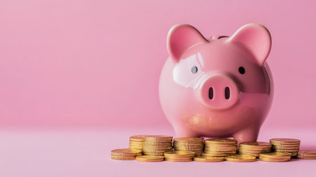 Piggy bank in pink with gold coins, set against a monochrome background, showcasing investment themes with copy space.の素材