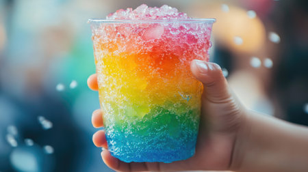 A child's hand tightly holding a brightly colored slushy, with condensation on the cup and crushed ice inside, illustrating a cool, refreshing drink.の素材