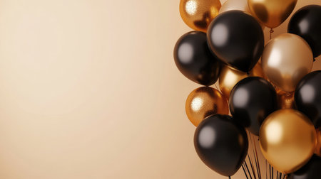 A festive background filled with gold and black balloons against a solid backdrop, providing ample space for text in a celebration event banner.の素材