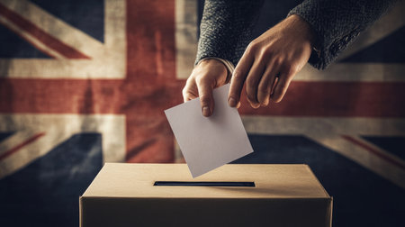 A voter casting a ballot into a box, with the British Union Jack flag prominently displayed, highlighting the importance of the United Kingdom's elections. -の素材