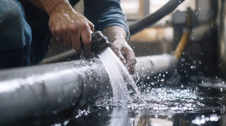 Leaking pipe repair scene: An emergency plumber working on a water leak, illustrating the need for swift and skilled repairs to prevent water damage, with an area for text.の素材