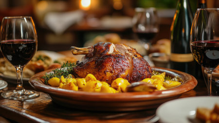 Inviting Portuguese table setting: A cozy Portuguese restaurant table with Pato as the centerpiece, surrounded by rustic decor and wine glasses, with space for text.の素材