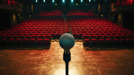 Microphone centered on a stage, with rows of audience seats stretching out behind, setting the scene for a live performance in comedy, music, or theater.の素材