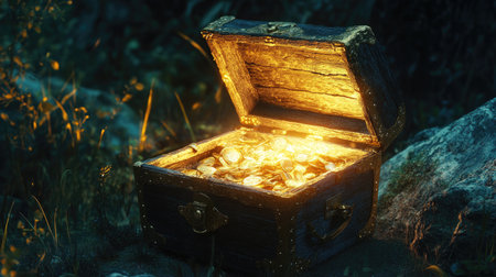 Ancient treasure chest glows with a magical light, open to reveal its mysterious contents, adding a sense of wonder and adventure.の素材