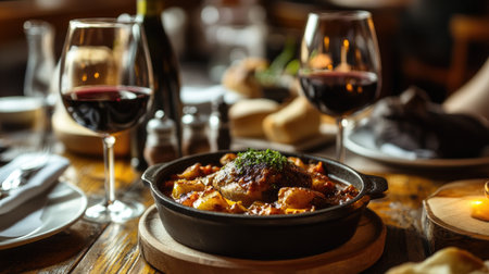 Rustic Portuguese dining: A cozy Portuguese restaurant table with Pato as the main dish, surrounded by rustic decor and wine glasses, creating an inviting atmosphere, with space for text.の素材
