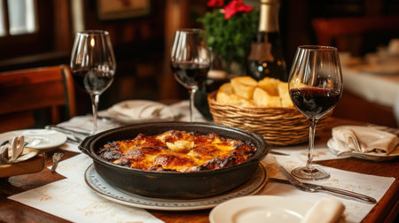 Rustic Portuguese dining: A cozy Portuguese restaurant table with Pato as the main dish, surrounded by rustic decor and wine glasses, creating an inviting atmosphere, with space for text.の素材