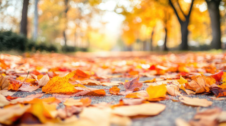 Pathway of autumn leaves: A beautiful path in autumn, covered with fallen leaves in vibrant shades, set under a clear sky, with space for text.の素材