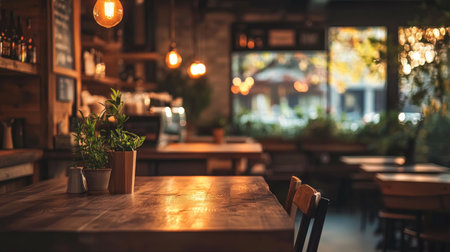 Warm rustic cafe setting: Earth-tone decor and wooden furniture in a rustic coffee shop, illuminated by warm lighting, creating a cozy atmosphere, with room for text.の素材