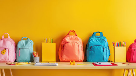 Ready for school: A desk adorned with colorful backpacks, notebooks, and pencils, showcasing preparation for the new school year, with a designated area for text.の素材