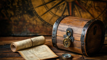 Wooden treasure chest with a scroll and compass on a table, with ample space for text in the background, perfect for storytelling visualsの素材