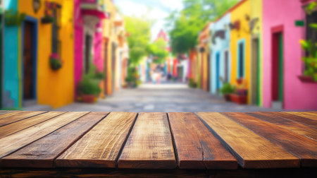 Empty wooden table top with a vibrant and colorful background of a Mexican street, blurred to emphasize the foregroundの素材