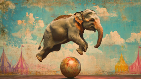 A circus elephant skillfully balancing on a ball, showcasing its incredible talent and the whimsy of the circus, against a vibrant backdropの素材