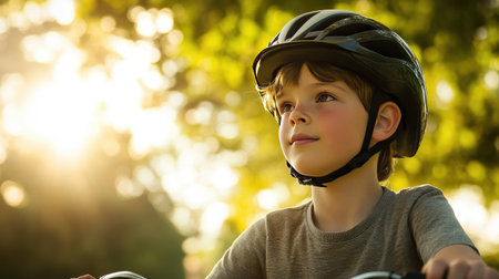 Close-up of a boy wearing a helmet, eyes focused ahead as he pedals his bicycle in a park, with bright sunlight filtering through the trees.の素材