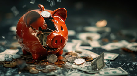 Shattered piggy bank: Coins and money pouring out of a broken piggy bank on a desk, representing financial strain and emergency funds, with room for text.の素材