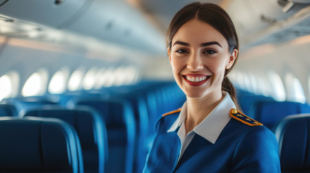 A cheerful cabin crew member in uniform, smiling in an empty aircraft, symbolizing professionalism and hospitality in the airの素材