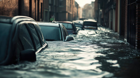 Street lined with cars submerged in floodwater, water lapping at the doors and windows, creating a stark image of a natural disaster in an urban setting.の素材