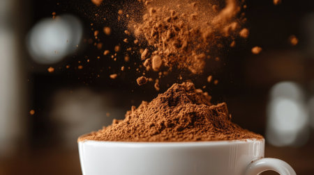 Close-up image of mushroom coffee powder falling into a white cup, highlighting the unique texture and natural tones of the powder.の素材